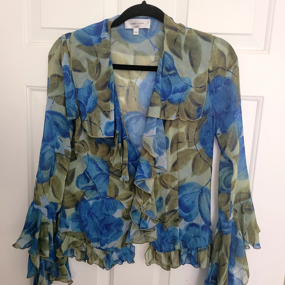 RONNY KOBO, Blue & Olive Floral Ruffle Wrap Blouse - Picture 6 of 11